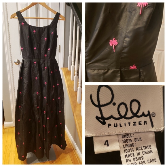 Lilly Pulitzer Dresses & Skirts - Lilly Pulitzer Black Silk Gown Pink Palm Trees
